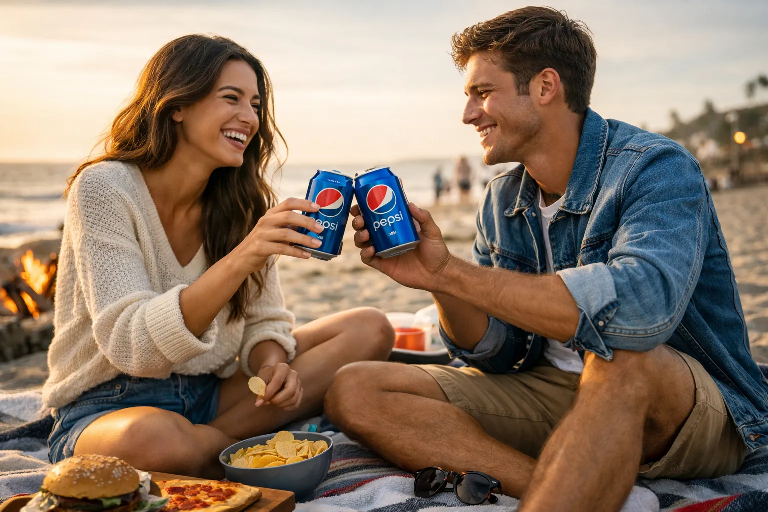 Couple enjoying Pepsi together on a beach at sunset